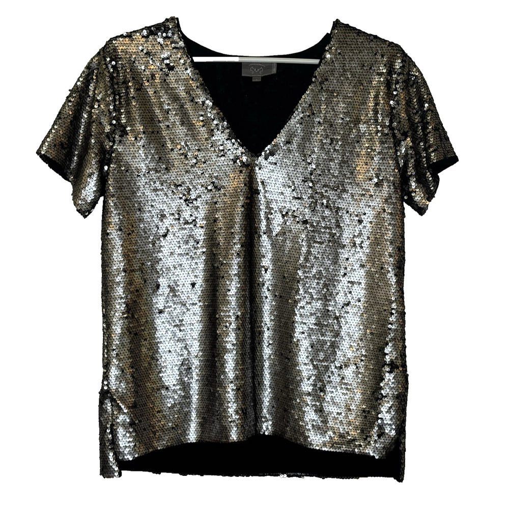 Vanessa Virginia Sequin‎ Top Womens Size Small Silver V-Neck Short Sleeve Lined